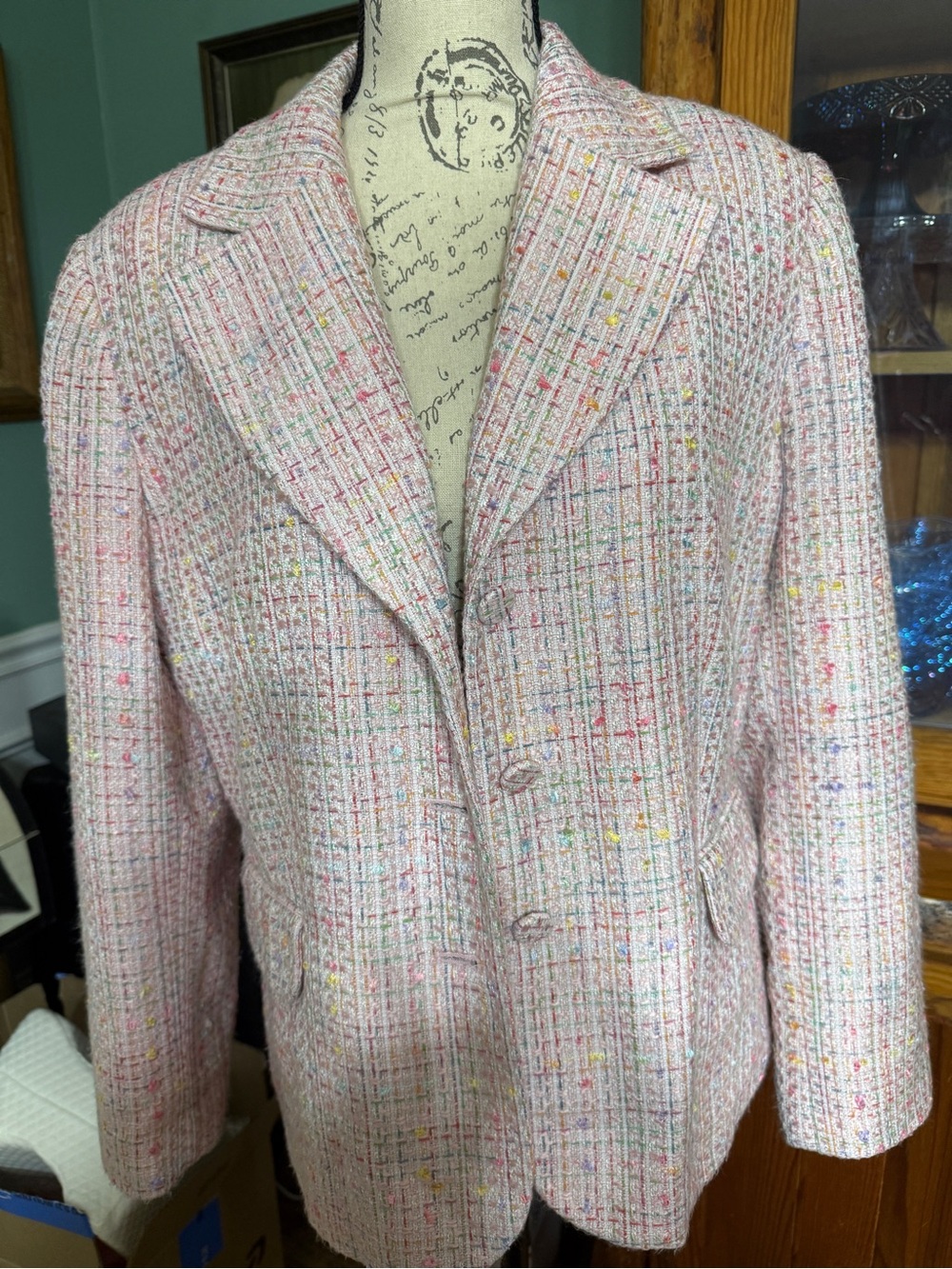 Laura Scott Pastel Pink Tweed Blazer with Multicolor Flecks